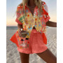 Summer Hot Style Print Beach Holiday 2-Piece Set Women Short Sleeve Shirt Top Wide Legs Short Women's Oversized Two-Piece Sets