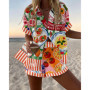 Summer Hot Style Print Beach Holiday 2-Piece Set Women Short Sleeve Shirt Top Wide Legs Short Women's Oversized Two-Piece Sets