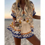 Summer Hot Style Print Beach Holiday 2-Piece Set Women Short Sleeve Shirt Top Wide Legs Short Women's Oversized Two-Piece Sets