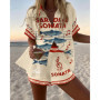 Summer Hot Style Print Beach Holiday 2-Piece Set Women Short Sleeve Shirt Top Wide Legs Short Women's Oversized Two-Piece Sets