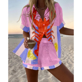 Summer Hot Style Print Beach Holiday 2-Piece Set Women Short Sleeve Shirt Top Wide Legs Short Women's Oversized Two-Piece Sets