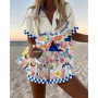 Summer Hot Style Print Beach Holiday 2-Piece Set Women Short Sleeve Shirt Top Wide Legs Short Women's Oversized Two-Piece Sets