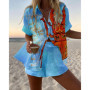 Summer Hot Style Print Beach Holiday 2-Piece Set Women Short Sleeve Shirt Top Wide Legs Short Women's Oversized Two-Piece Sets