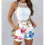 Women Summer Two Piece Set Sexy Sleeveless Hollow Out Top & Shorts Women Hotswrrt Sets Belt