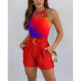 Women Summer Two Piece Set Sexy Sleeveless Hollow Out Top & Shorts Women Hotswrrt Sets Belt