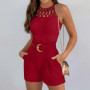 Women Summer Two Piece Set Sexy Sleeveless Hollow Out Top & Shorts Women Hotswrrt Sets Belt