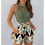 Women Summer Two Piece Set Sexy Sleeveless Hollow Out Top & Shorts Women Hotswrrt Sets Belt