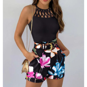 Women Summer Two Piece Set Sexy Sleeveless Hollow Out Top & Shorts Women Hotswrrt Sets Belt