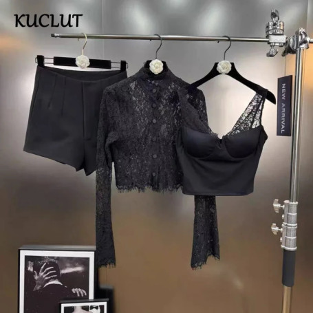KUCLUT 2025 Early Autumn New Women's Round Neck Long Sleeve Lace Cardigan With Chest Pad Vest Solid Color Shorts Female 1A1078