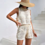 Women'S Summer Knited 2 Two Pieces Sets Suit Hollow Out Tank Sleeveless Lace up Bows Tops Drawstring Shorts Pants Beach Holiday