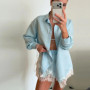 Loose Shirts Shorts Sets Women Lapel Single Breasted Long Sleeves Top Lace Patchwork Suit 2026 Summer Holiday 2 Pieces Outfits