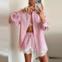 Loose Shirts Shorts Sets Women Lapel Single Breasted Long Sleeves Top Lace Patchwork Suit 2026 Summer Holiday 2 Pieces Outfits