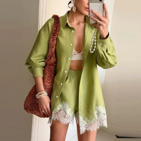 Loose Shirts Shorts Sets Women Lapel Single Breasted Long Sleeves Top Lace Patchwork Suit 2026 Summer Holiday 2 Pieces Outfits