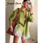 Loose Shirts Shorts Sets Women Lapel Single Breasted Long Sleeves Top Lace Patchwork Suit 2026 Summer Holiday 2 Pieces Outfits