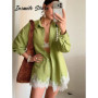 Loose Shirts Shorts Sets Women Lapel Single Breasted Long Sleeves Top Lace Patchwork Suit 2026 Summer Holiday 2 Pieces Outfits