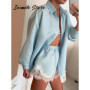 Loose Shirts Shorts Sets Women Lapel Single Breasted Long Sleeves Top Lace Patchwork Suit 2026 Summer Holiday 2 Pieces Outfits