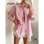 Loose Shirts Shorts Sets Women Lapel Single Breasted Long Sleeves Top Lace Patchwork Suit 2026 Summer Holiday 2 Pieces Outfits