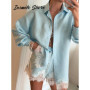 Loose Shirts Shorts Sets Women Lapel Single Breasted Long Sleeves Top Lace Patchwork Suit 2026 Summer Holiday 2 Pieces Outfits