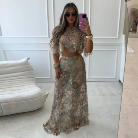 Retro Embroidered Sequins Top Long Skirt Set Lady Sexy Irregular Short Tops Perspective Beads Skirts Sets Women 2025 Chic Street