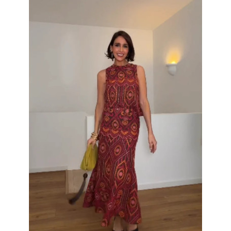 Women Fashion Red Print Two-Piece Set Flare Skirt Chic Sleeveless High Neck Two-Piece Ensemble 2026 Vacation Party Daily Suits