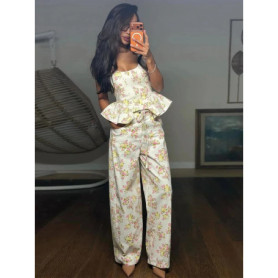 Elegant Floral Print Set Women Square Neck Sleeveless Ruffle Top Lace Up Floor Length Wide Leg Pants Sets Lady Casual Outfits