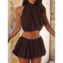 Women's Short Skirt Set Summer Solid Color/Dot Sleeveless Backless Halter Neck Crop Tops with Mini Skirt 2Pcs Outfit