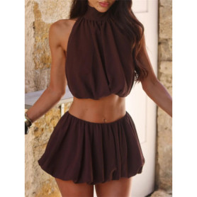 Women's Short Skirt Set Summer Solid Color/Dot Sleeveless Backless Halter Neck Crop Tops with Mini Skirt 2Pcs Outfit