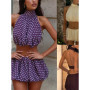 Women's Short Skirt Set Summer Solid Color/Dot Sleeveless Backless Halter Neck Crop Tops with Mini Skirt 2Pcs Outfit