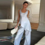 Elegant Satin Vests Pants Sets Women O Neck Sleeveless Irregular Hem Top Wide Legs Trousers Set 2026 Summer Vacation Lady Suits