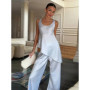 Elegant Satin Vests Pants Sets Women O Neck Sleeveless Irregular Hem Top Wide Legs Trousers Set 2026 Summer Vacation Lady Suits
