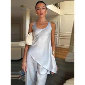 Elegant Satin Vests Pants Sets Women O Neck Sleeveless Irregular Hem Top Wide Legs Trousers Set 2026 Summer Vacation Lady Suits