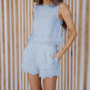 Vintage Embroidery Set for Women Summer Sleeveless Round Neck Tie up Tank Tops Side Zipper Shorts 2 Piece Outfit