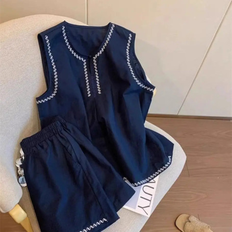 Olivegirl Color Blocked Embroidery Versatile Pajama Set Women's Summer New Shorts Casual Vest Home Wear Two-piece Set
