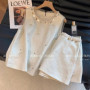 Olivegirl High-end Fashion T-shirt Beading Splicing Solid Top Women's Vacation Nail Bead Splicing Vest Short Casual Set