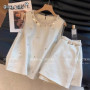 Olivegirl High-end Fashion T-shirt Beading Splicing Solid Top Women's Vacation Nail Bead Splicing Vest Short Casual Set