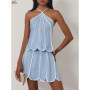 Oymimi Fashion Blue White Two Piece Outfits Woman Casual Halter Neck Sleeveless Slim Tops And High Waist Pleated Mini Skirts Set