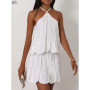 Oymimi Fashion Blue White Two Piece Outfits Woman Casual Halter Neck Sleeveless Slim Tops And High Waist Pleated Mini Skirts Set