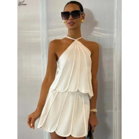 Oymimi Fashion Blue White Two Piece Outfits Woman Casual Halter Neck Sleeveless Slim Tops And High Waist Pleated Mini Skirts Set