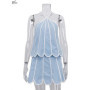 Oymimi Fashion Blue White Two Piece Outfits Woman Casual Halter Neck Sleeveless Slim Tops And High Waist Pleated Mini Skirts Set