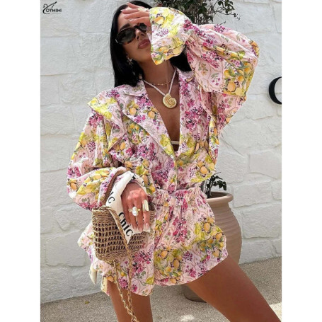 Oymimi Elegant Pink Print 2 Pieces Set For Woman Fashion Lapel Long Sleeve Ruffled Button Shirts And High Waisted Shorts Sets
