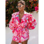 Oymimi Elegant Pink Print 2 Pieces Set For Woman Fashion Lapel Long Sleeve Ruffled Button Shirts And High Waisted Shorts Sets