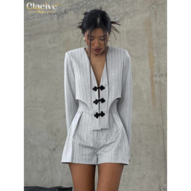 Clacive Fashion Stripe Print 2 Piece Sets Women Elegant Slim Long Sleeve Irregular Top With High Waist Shorts Set Streetwear