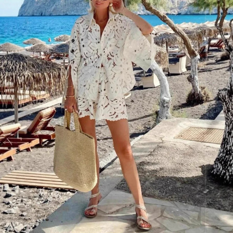 Hollow Out Lace Short Two Piece Set Women Solid Color Slit Leace-up Long Sleeve Shirts Shorts 2 Piece Sets Temperament Female