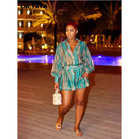 CM.YAYA Women's Set Full Sleeve Striped Print Shirt and Straight Shorts Suit 2024 Street Two 2 Piece Set Casual Outfit Tracksuit