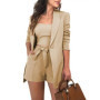3Pcs Set Women Suit Office Lady Outfit Pockets Solid Color Summer Coat Shorts Vest Set Loose Jacket Business Dress Suit