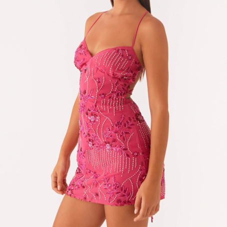 Sexy Glitter Sequin Mini Dress Women Flower Embroidery Deep V-neck Sleeveless Cami Dress Backless Spaghetti Strap Party Vestidos