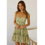 High Quality Hot Selling Wholesale Spring Summer New Vacation Style Sexy Printed Suspender Pleated Lace Up Short Dress Women Y2K