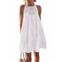 Women Summer Beach Mini Dresses Halter Sleeveless Sexy Loose A-Line Hollow Out Lace White Bohemia Dress Pleated Solid Sundress