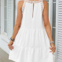 Women Summer Beach Mini Dresses Halter Sleeveless Sexy Loose A-Line Hollow Out Lace White Bohemia Dress Pleated Solid Sundress