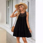 Women Summer Beach Mini Dresses Halter Sleeveless Sexy Loose A-Line Hollow Out Lace White Bohemia Dress Pleated Solid Sundress
